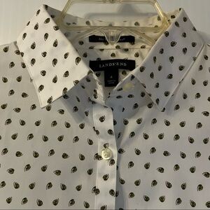 NWOT Lands End No Iron Supima Cotton Button Front Up Shirt Green White Pattern